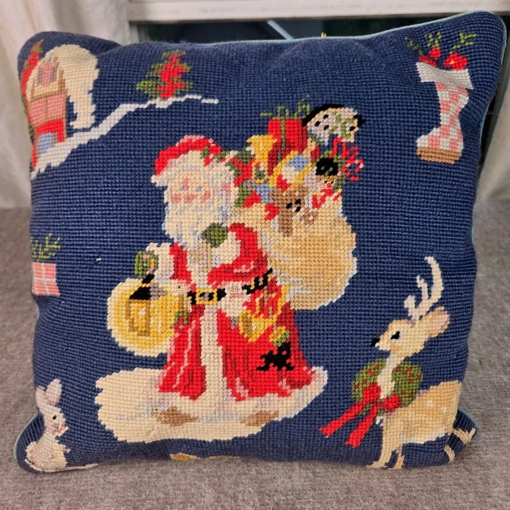 Vintage Christmas Santa Claus Needlepoint Wool Pillow Velvet Back Navy Blue